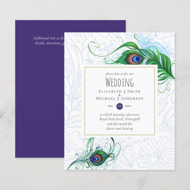 Exotic PEACOCK Feather Wedding Invite BUDGET (Front/Back)
