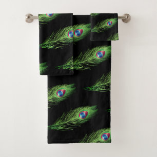 Exotic peacock feathers on black towel set