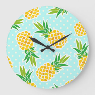 Exotic Pineapples: Blue Polka-Dot Fun. Large Clock