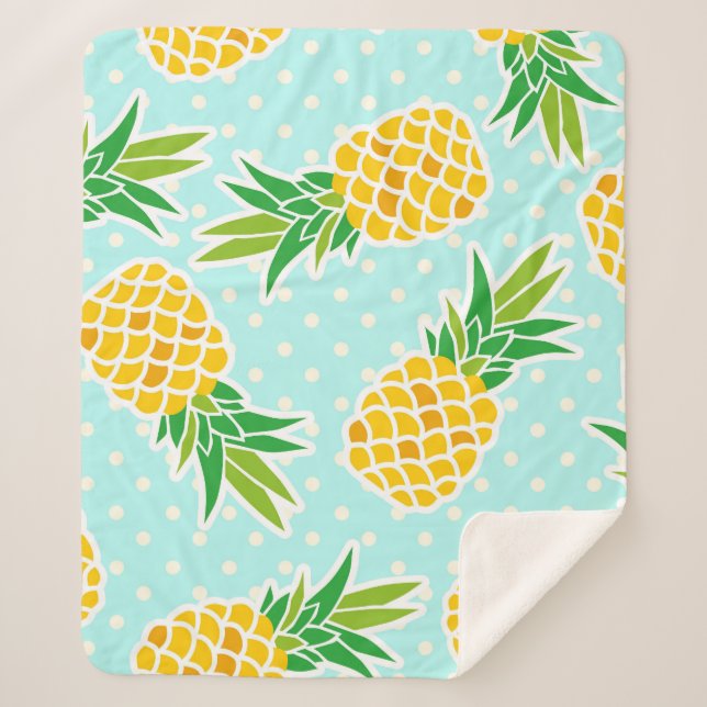 Exotic Pineapples: Blue Polka-Dot Fun. Sherpa Blanket (Front)