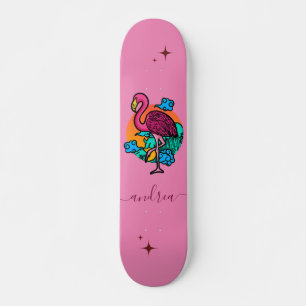 Exotic Pink Flamingo Summer Sparkle Name Tropical Skateboard
