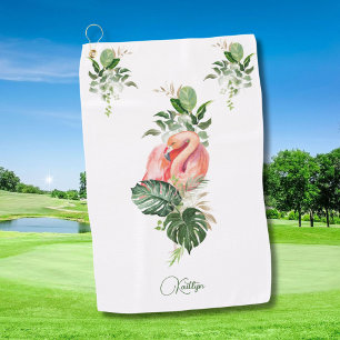 Exotic Pink Flamingo Tropical Watercolor and Name  Golf Towel
