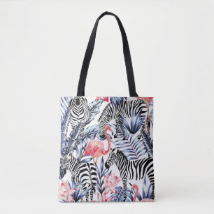 Exotic pink flamingo, zebra on background summer b tote bag