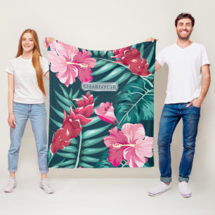 Exotic Pink Flowers Monogram Fleece Blanket