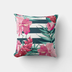 Exotic Pink Flowers Monogram striped Cushion