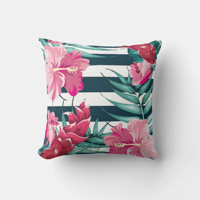 Exotic Pink Flowers Monogram striped Cushion (Front)