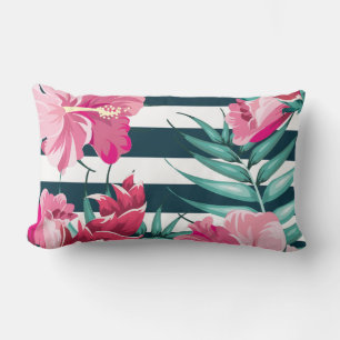 Exotic Pink Flowers striped Lumbar Cushion