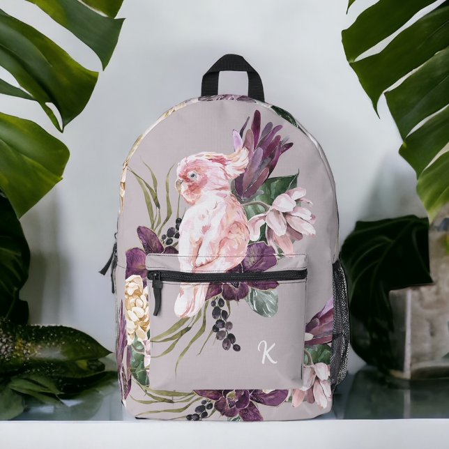 Exotic Pink Parrot Tropical Floral with Monogram Printed Backpack (Creator Uploaded)