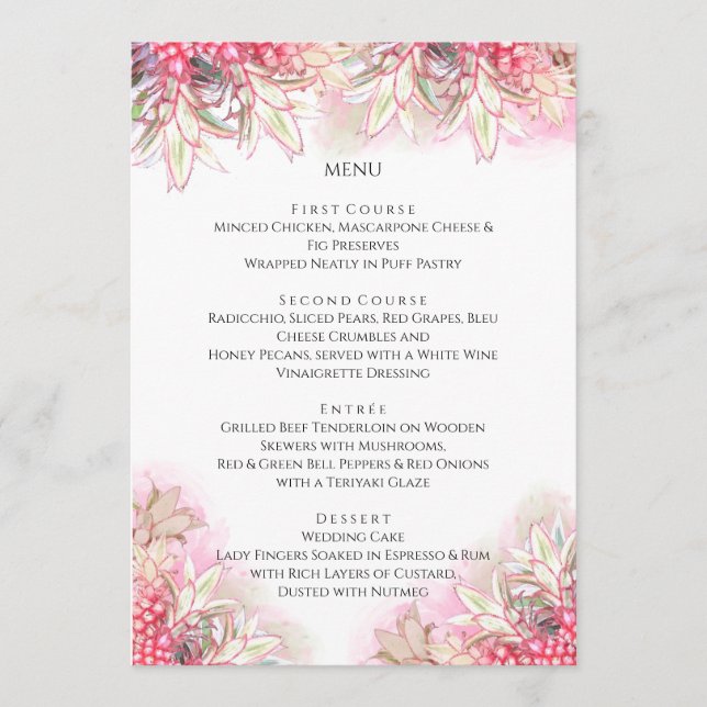 Exotic Pink Pineapples Blush Wedding Menu (Front)