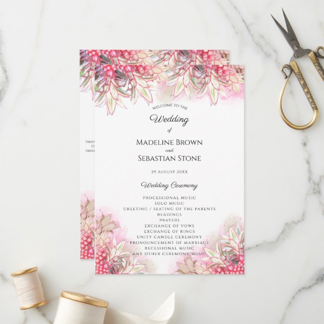 Exotic Pink Pineapples Blush Wedding Programme (Front/Back In Situ)