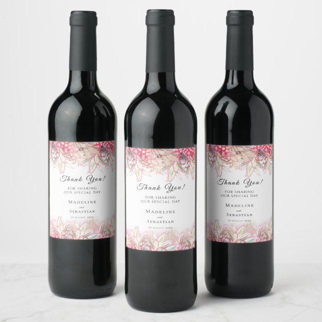 Exotic Pink Pineapples Blush Wedding Thank You Wine Label (Bottles)