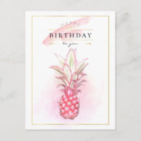 Exotic Pink Pineapples Watercolor Birthday Art