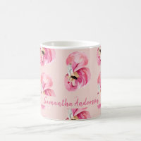 Exotic Pink Watercolor Flamingo Pattern & Name