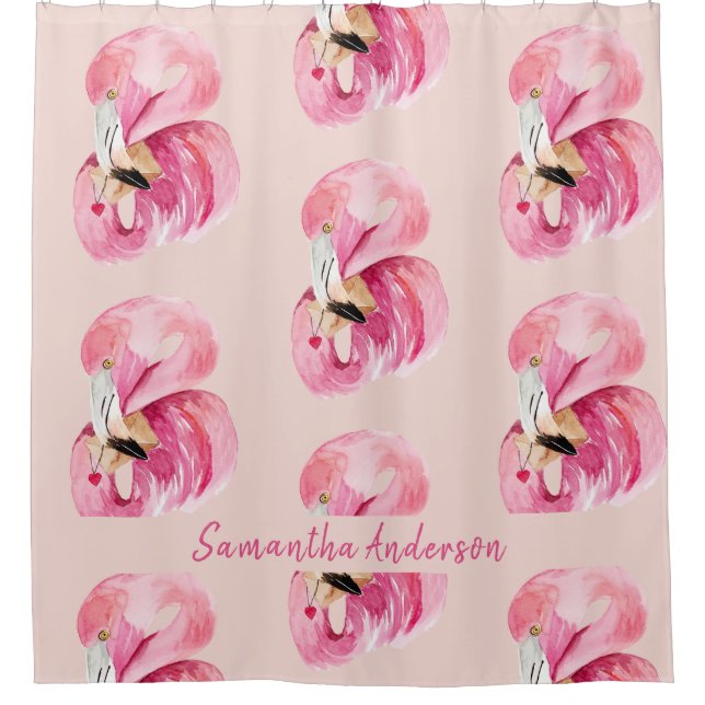 Exotic Pink Watercolor Flamingo Pattern & Name Shower Curtain (Front)