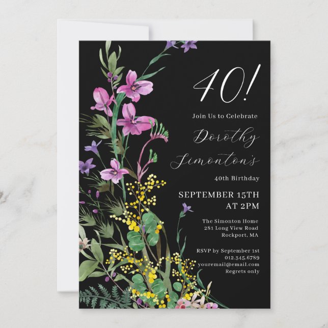 Exotic Pink Yellow Wildflowers 40th Birthday Invitation (Front)