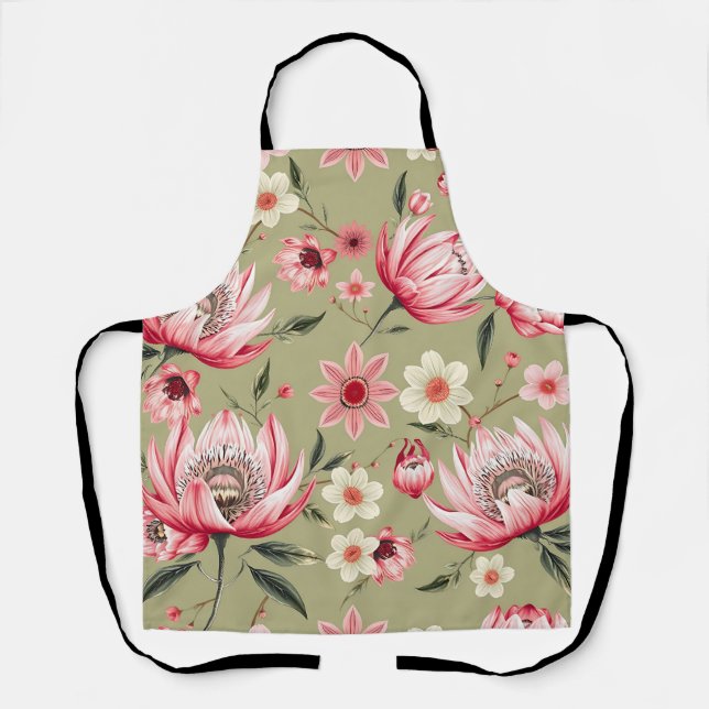 Exotic Protea Flower Botanical Sage Green Luxury  Apron (Front)
