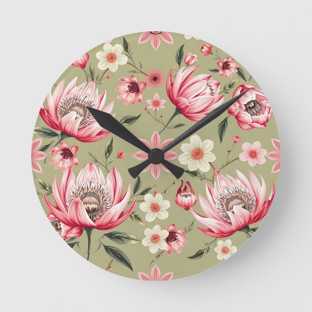 Exotic Protea Flower Botanical Sage Green Luxury  Round Clock (Front)