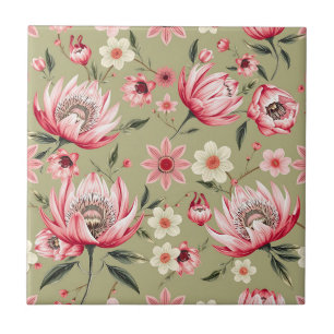 Exotic Protea Flower Botanical Sage Green Luxury Tile