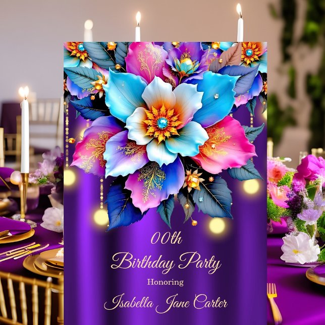 Exotic Purple Birthday Teal Pink Blue Flowers gems Invitation (Creator Uploaded)