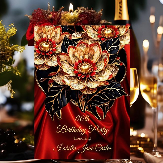 Exotic Red Birthday Party Floral gold black Invitation (Creator Uploaded)