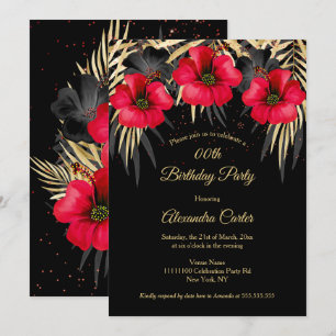 Exotic Red Black Gold Palms Floral Birthday party Invitation