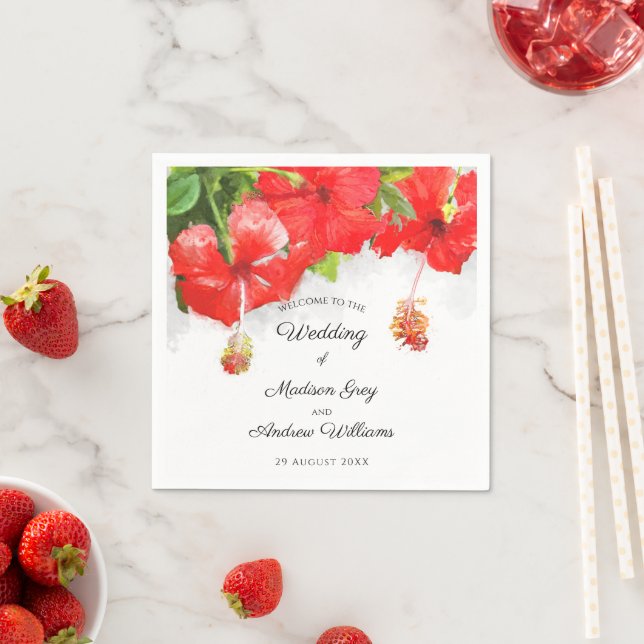 Exotic Red Hibiscus Flower Art Wedding Napkins (Insitu)