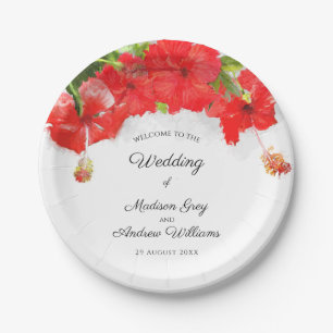 Exotic Red Hibiscus Flower Art Wedding Paper Plate