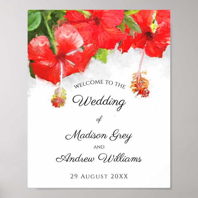 Exotic Red Hibiscus Flower Art Wedding Poster (Front)