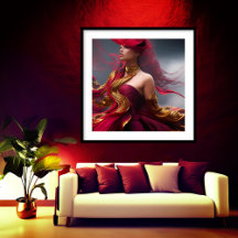 Exotic redhead woman flowing red Gold Abstract 