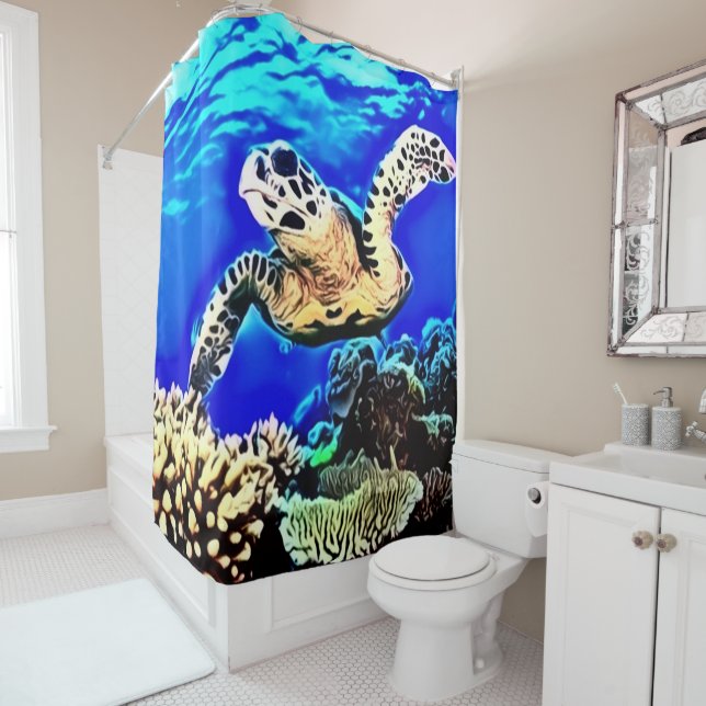 Exotic Sea Turtle Airbrush Custom Shower Curtain (In Situ)