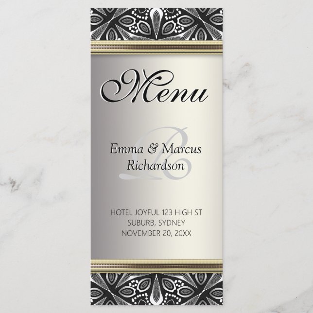 Exotic Silver Black White Decor Wedding Menu (Front)