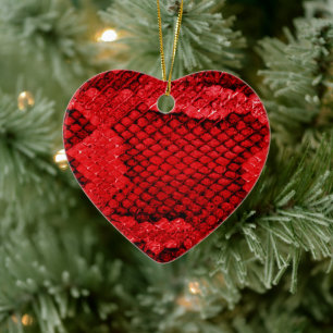 Exotic snake skin print texture pattern red heart ceramic tree decoration