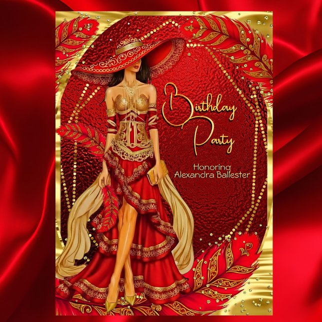 Exotic Stunning Red Gold Dress Feather Birthday Invitation (Creator Uploaded)