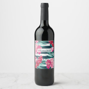 Exotic Summer Floral monogram striped Wine Label