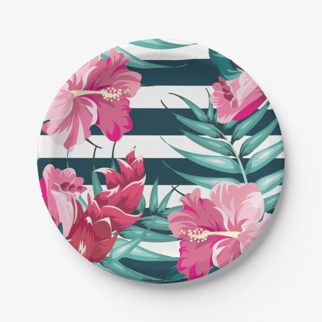 Exotic Summer Floral striped Paper Plate (Front)