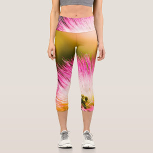 Exotic summer pink silk tree mimosa flower capri leggings