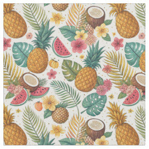 Exotic Summer Tropical Fruits & Flowers Pattern Fabric