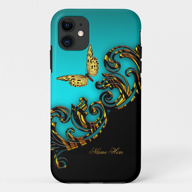 Exotic Teal Blue Gold Black Butterfly Case-Mate iPhone Case (Back)