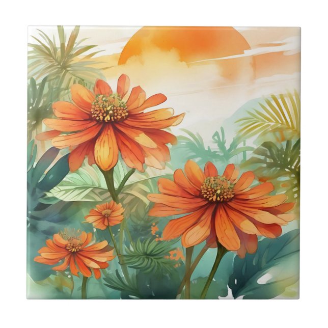 Exotic Tithonia Tropical Watercolor Tile (Front)