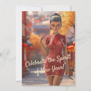 Exotic Toon Girl Celebrating Chinese New Year Holiday Card