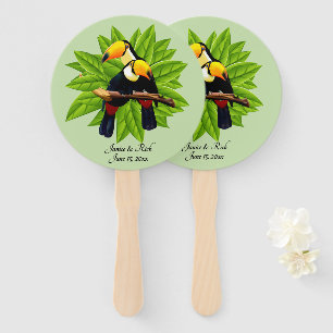 Exotic Toucan Duo Name and Date Green Hand Fan