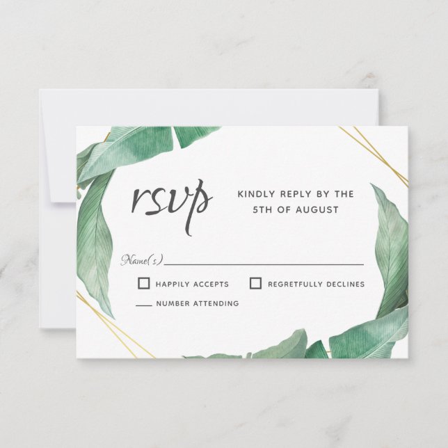 Exotic Tropical Banana Leaves Wedding RSVP Card (Front)