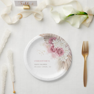 Exotic Tropical Boho Pink Roses Baby Shower Paper  Paper Plate