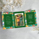 Exotic Tropical Colourful Garden Photo Wedding Tri-Fold Invitation<br><div class="desc">Invite your guests with this unique wedding invitation featuring vibrant flowers and tropical leaves with elegant typography. Simply add your event details on this easy-to-use template and adorn this card with your favourite photo to make it a one-of-a-kind invitation.</div>