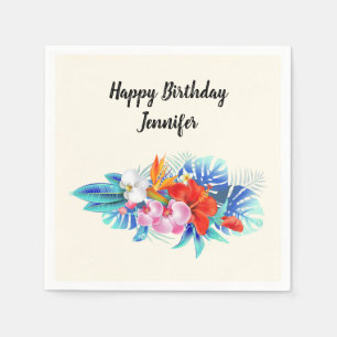 Exotic Tropical Flowers in Pink and Aqua Birthday Napkin
