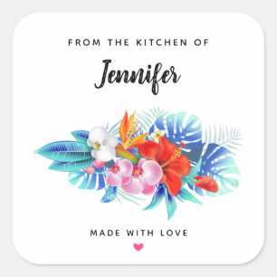Exotic Tropical Flowers in Pink and Aqua Kitchen Square Sticker