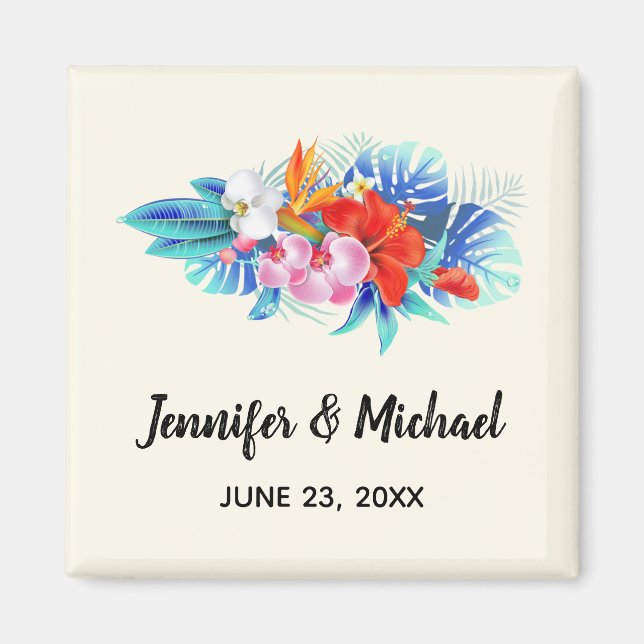 Exotic Tropical Flowers in Pink and Aqua Wedding Magnet (Front)