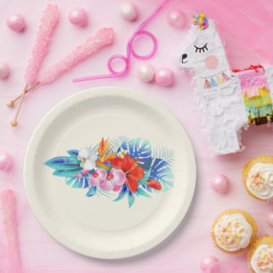Exotic Tropical Flowers in Pink and Turquoise Paper Plate