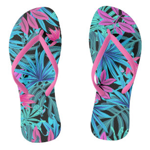 Exotic Tropical Flowers of Hot Pink & Blue Jandals