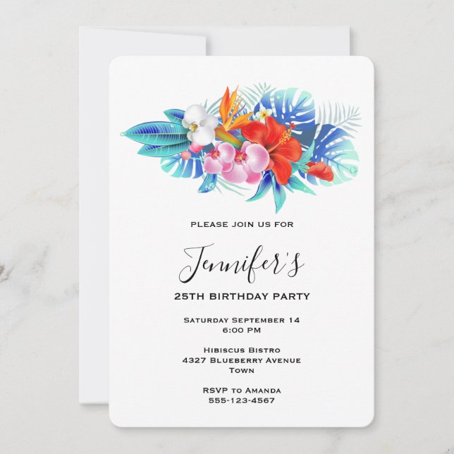 Exotic Tropical Flowers - Pink & Aqua Birthday Invitation (Front)